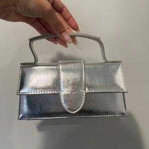 Silver Mini Handbag with Flap Closure and Top Handle